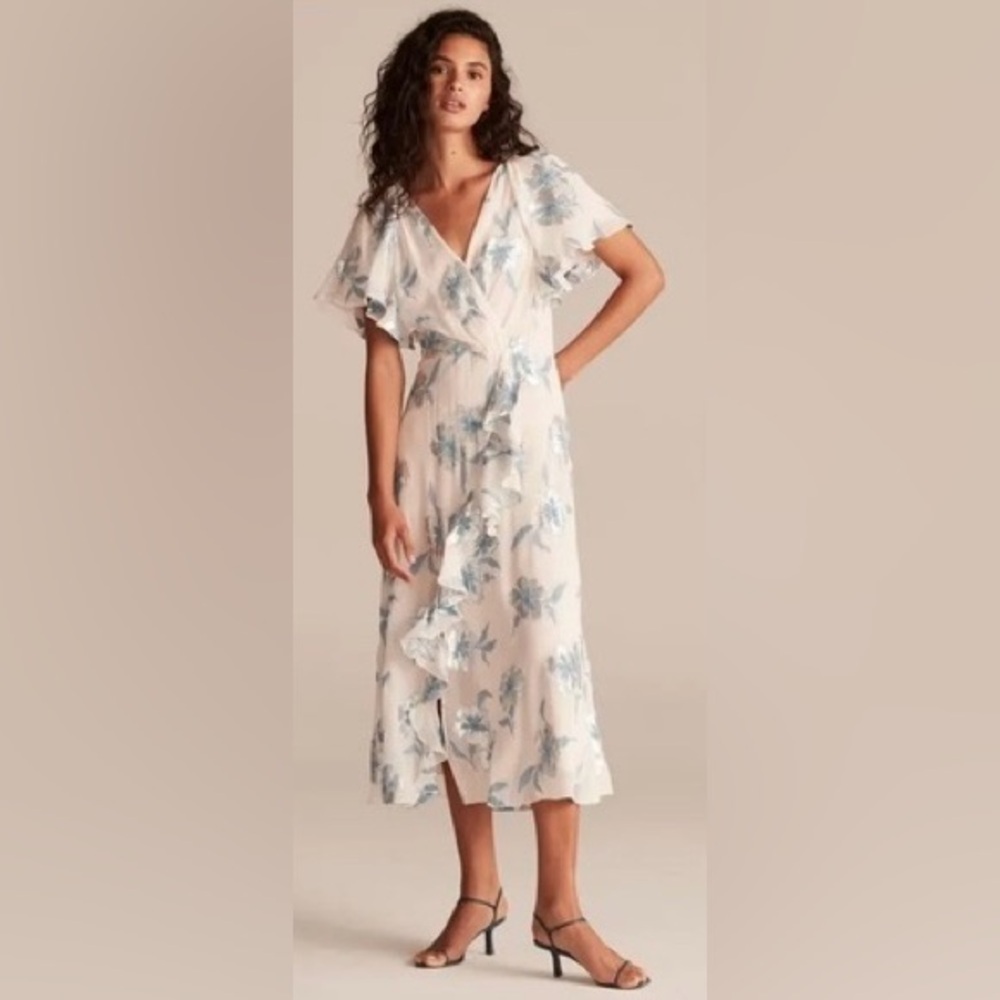 Rebecca Taylor Metallic Fleur Wrap Ruffle Dress 4 NWT